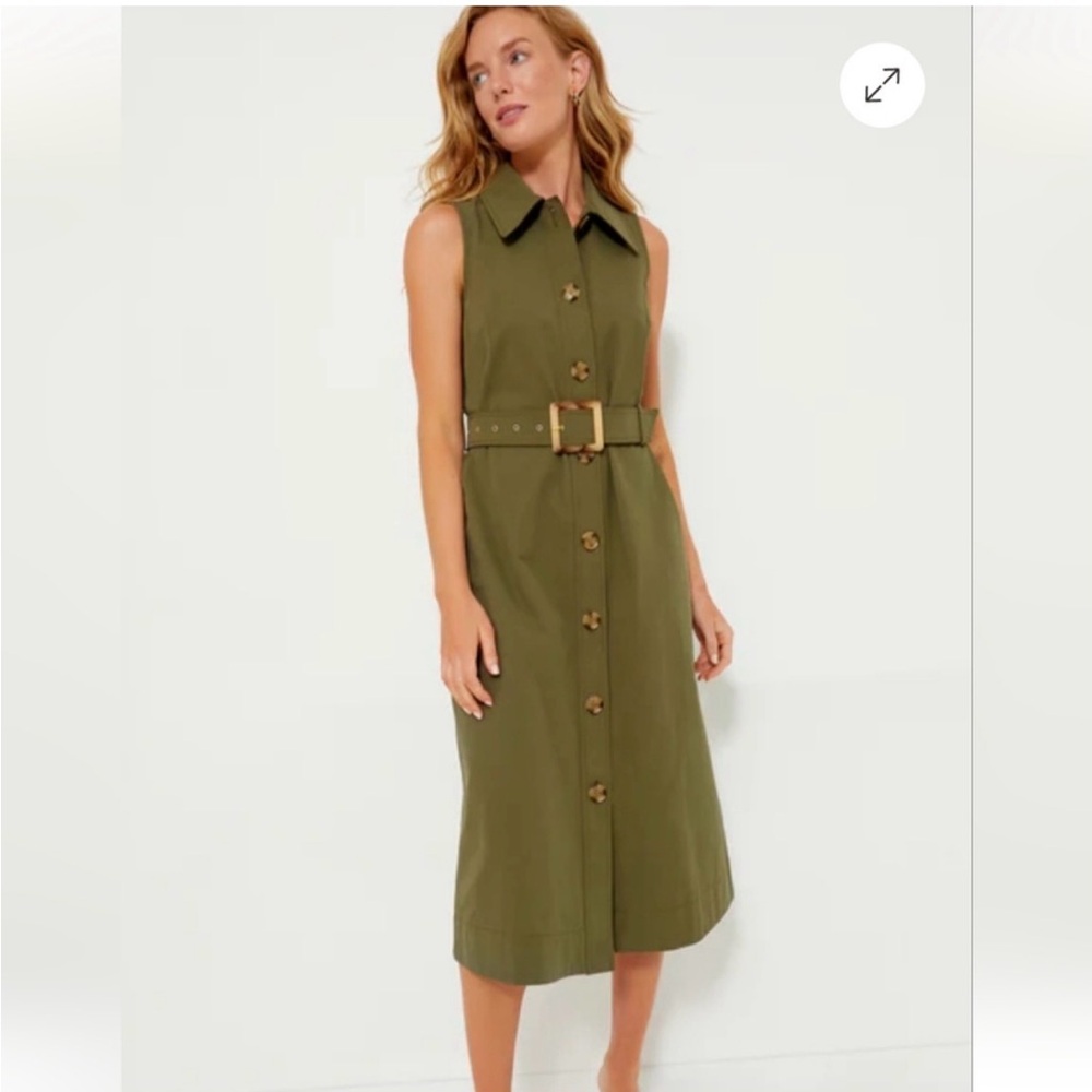 Tuckernuck Sleeveless Olive Button-Front Belted Midi Dress